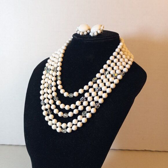 Five Strand White & Clear faceted beads Necklace and Clip Earrings - Picture 1 of 7